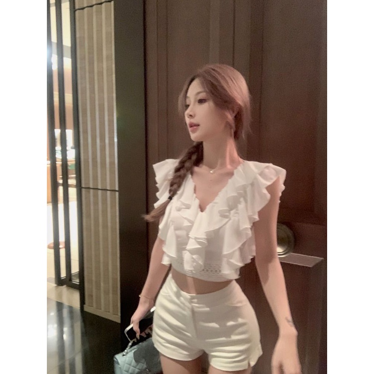 Áo Sơ Mi Ngắn Tay Phối Ren + Quần Short Lưng Cao Thời Trang Mùa Hè Hàng Mới