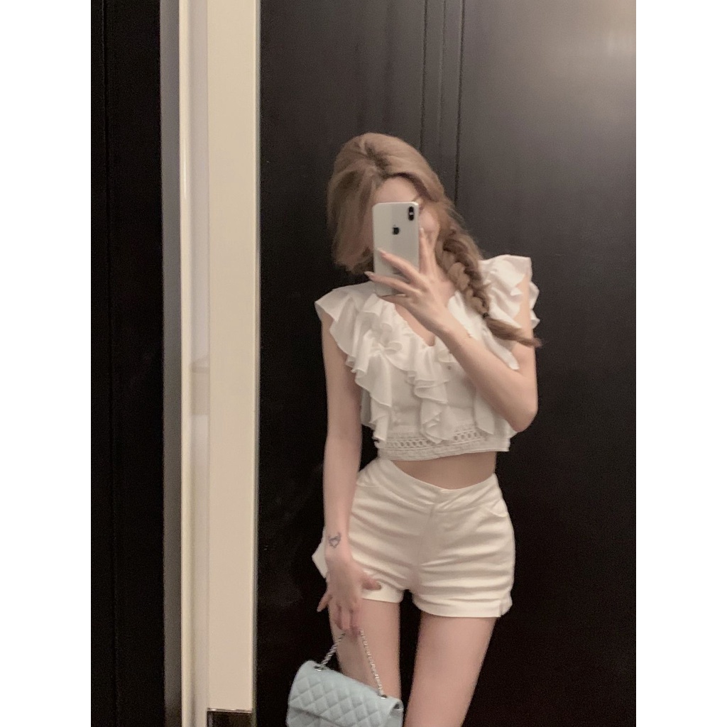 Áo Sơ Mi Ngắn Tay Phối Ren + Quần Short Lưng Cao Thời Trang Mùa Hè Hàng Mới