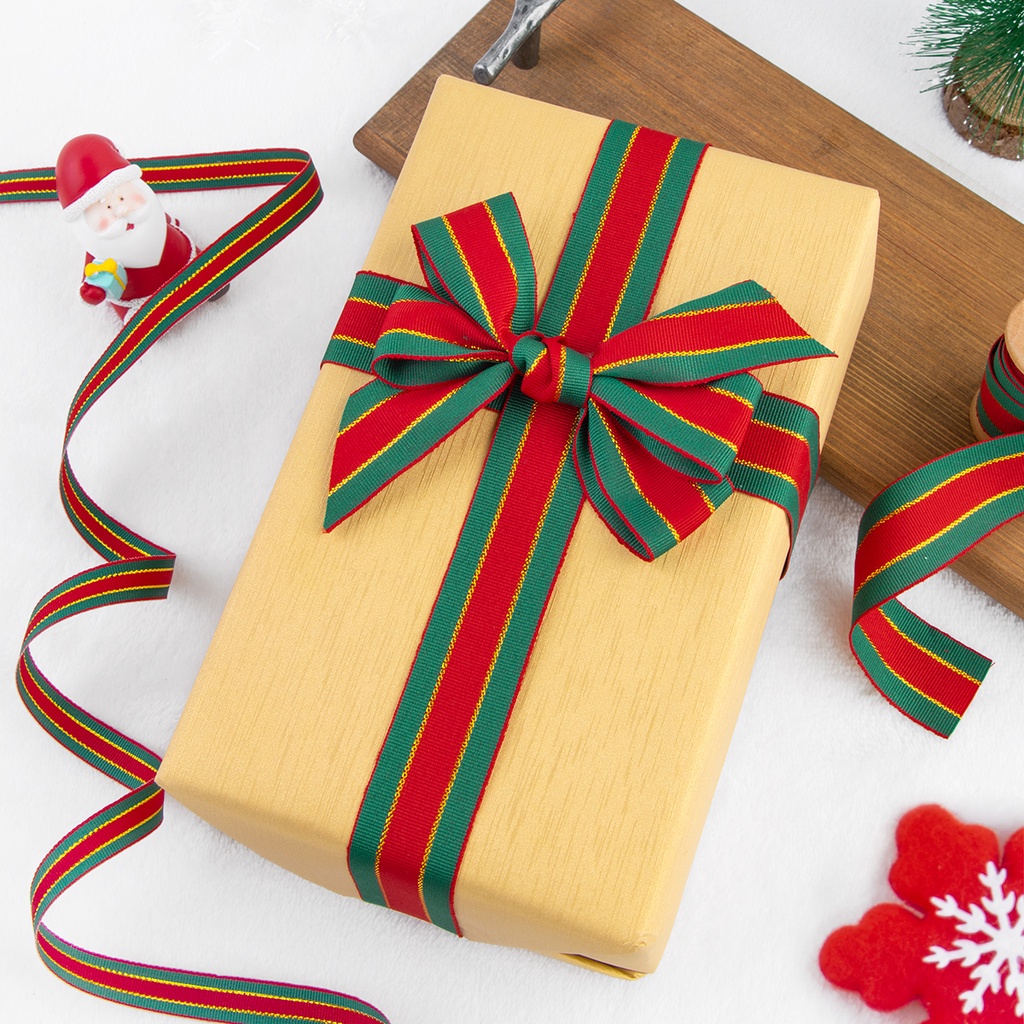 Giáng sinh ruy băng quà tặng hộp quà bao bì màu đỏ xanh lá cây kẻ sọc ruy băng bó hoa tươi trang trí bánh ruy băng nơ diy