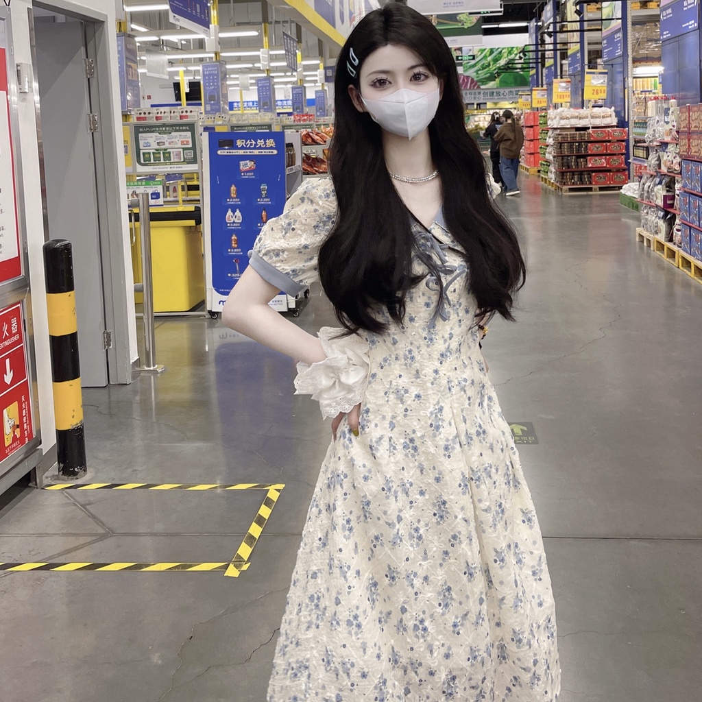 Đầm Hoa Cổ Búp Bê Thắt Nơ Nhấn Eo Thanh Lịch Thời Trang Mùa Hè