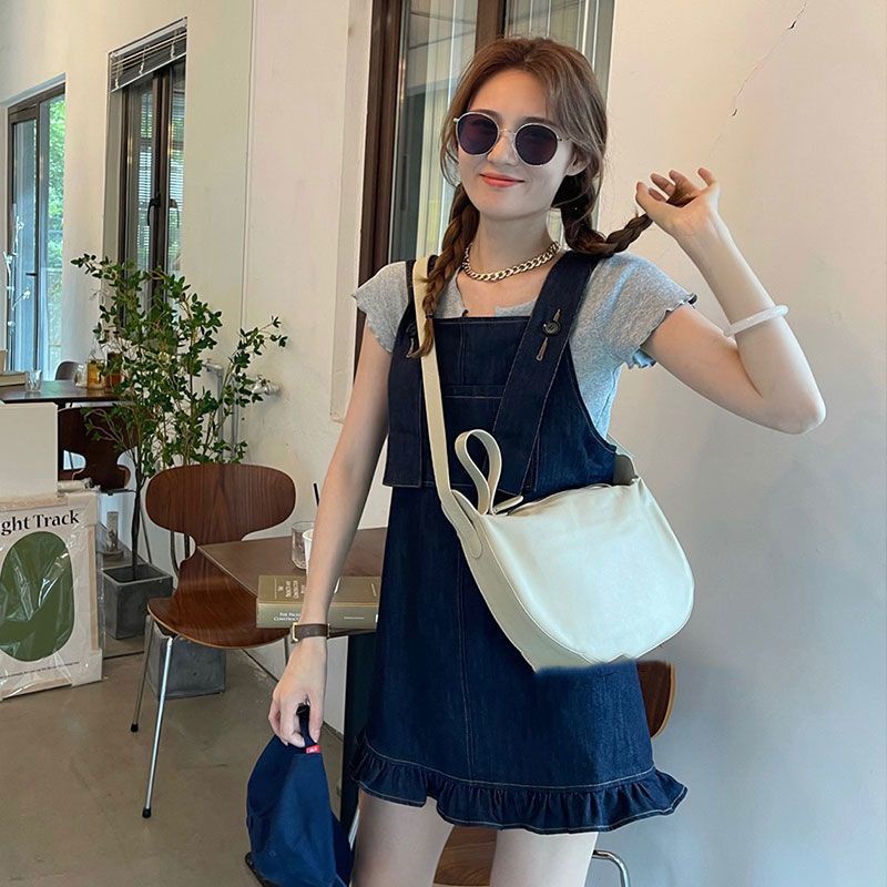 Jiashucheng Đầm Denim Dây Chéo Dáng Rộng Ôm Body Hình Quả Lê Mùa Hè Cho Nữ