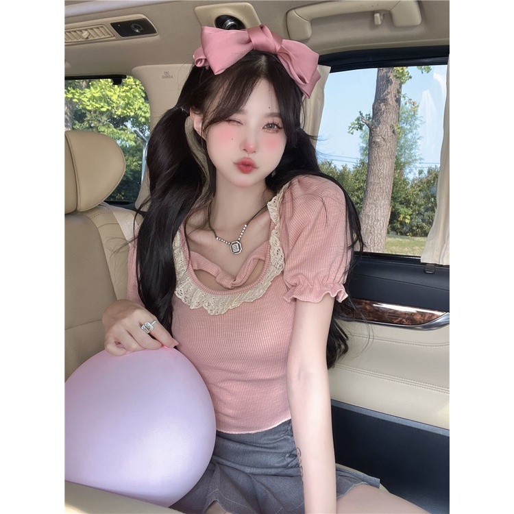 COZOK Áo Thun Tay Ngắn Cổ Vuông Phối Ren Thời Trang