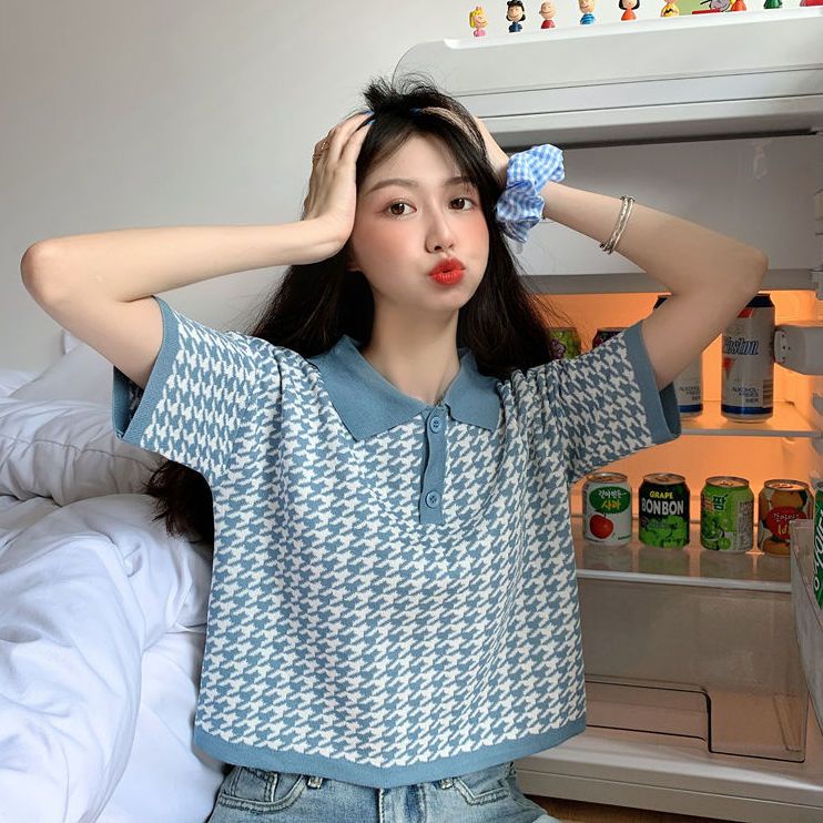 Áo Sơ Mi Dệt Kim Cổ Bẻ Sọc Ca Rô Thời Trang Hàn Quốc Cho Nữ