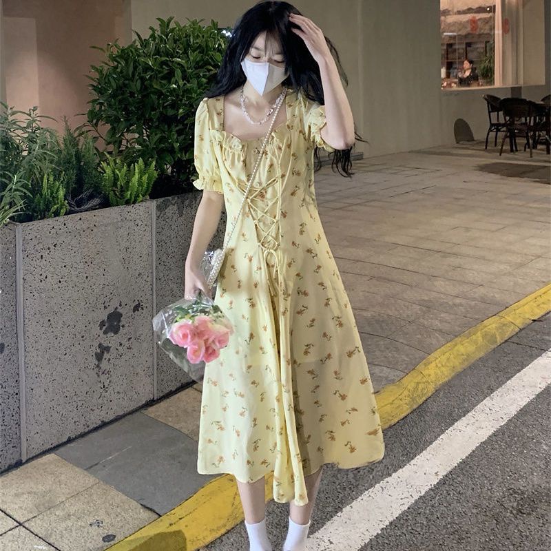 Jiashucheng Đầm Hoa Buộc Dây Nhấn Eo Nhẹ Nhàng Phong Cách Pháp Cho Nữ Giới