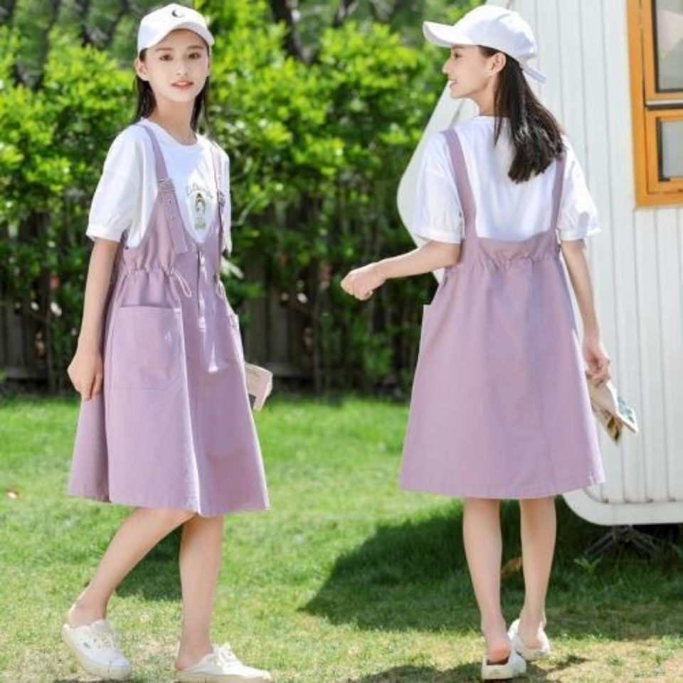 Set Áo Thun Cotton Ngắn Tay + Đầm Yếm Phong Cách Hàn Quốc Thời Trang Mùa Hè Mới 2021 W1DX Cho Bé Gái