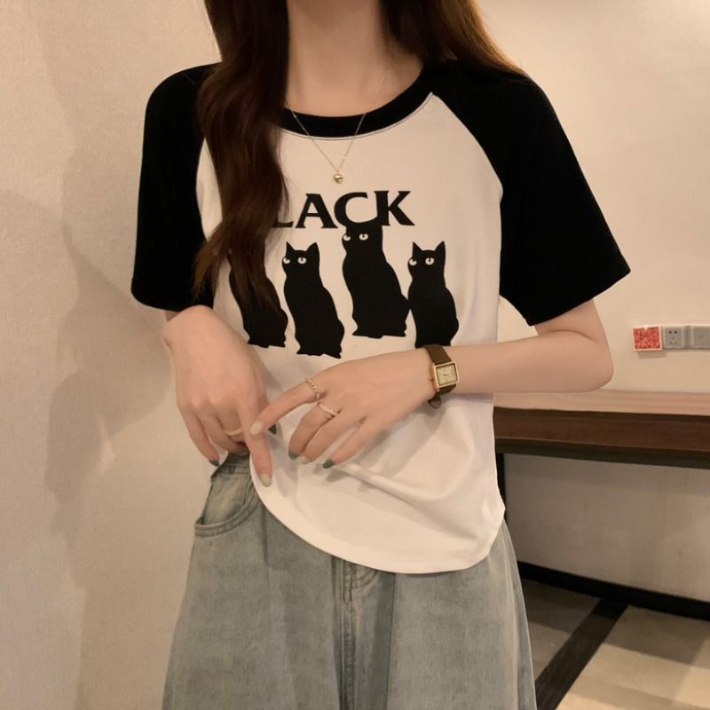 Áo Thun Raglan Tay Ngắn Màu Sắc Tương Phản Thời Trang Mùa Hè Dễ Phối Đồ Cho Nữ