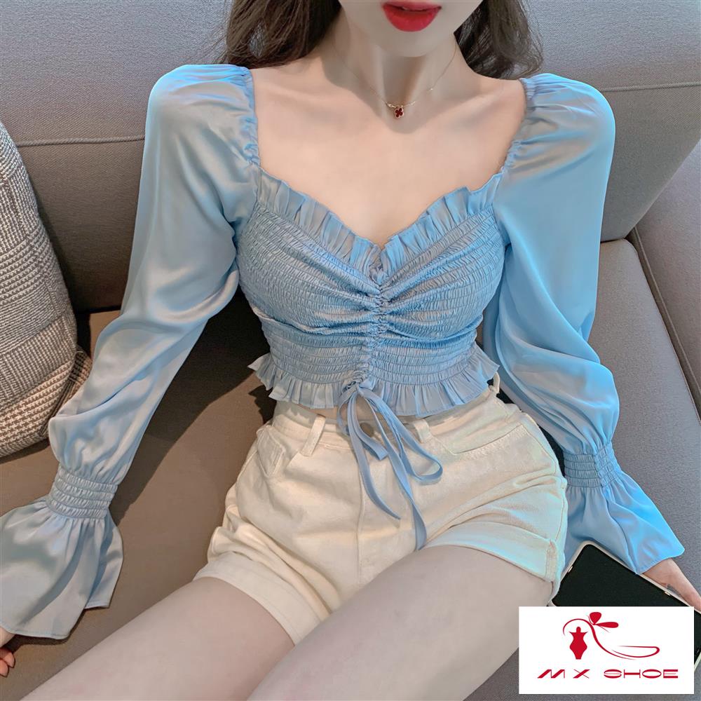 Áo Kiểu Tay Phồng Dài Dáng Ôm Thiết Kế Dây Rút Xếp Ly Thời Trang Mẫu Mới 2023 Dành Cho Bạn Nữ