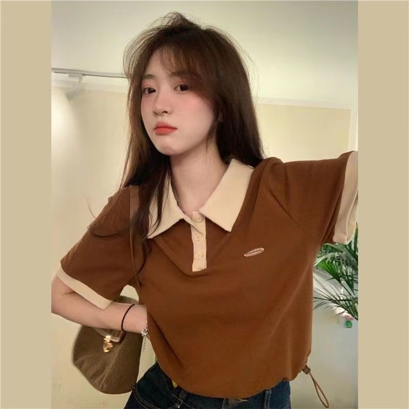 Áo Thun Polo Ngắn Tay Phối Màu Tương Phản Thời Trang Mùa Hè Cho Nữ