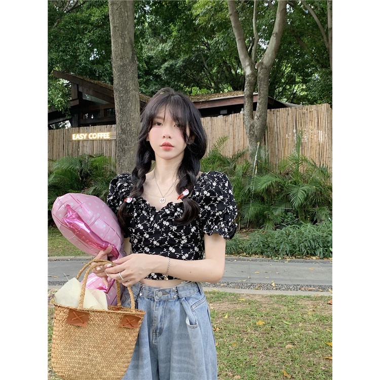 Cozok Áo Sơ Mi Tay Phồng Ngắn Cổ Bẻ In Hoa Dễ Phối Đồ Hợp Thời Trang