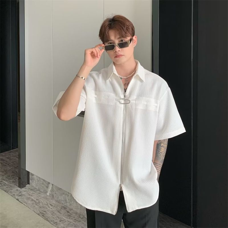 Áo Sơ Mi Tay Ngắn Dáng Rộng Có Khóa Kéo Phong Cách Thời Trang Đường Phố Mỹ Cho Nam Và Nữ