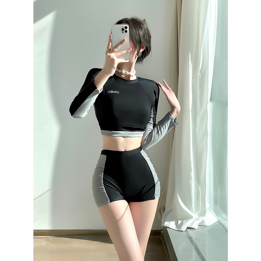 Áo tắm dài tay màu đen thể thao thời trang cho phụ nữ HZFWC1922