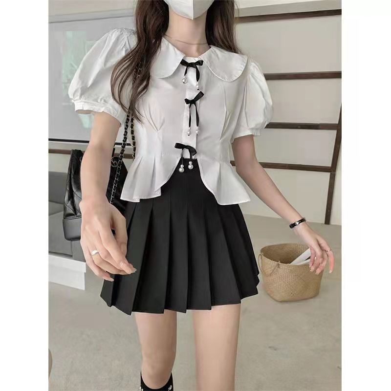 Set Áo Sơ Mi Tay Ngắn Phồng Cổ Búp Bê Thắt Nơ Phối Chân Váy Xếp Ly Thời Trang Mùa Hè Cho Nữ