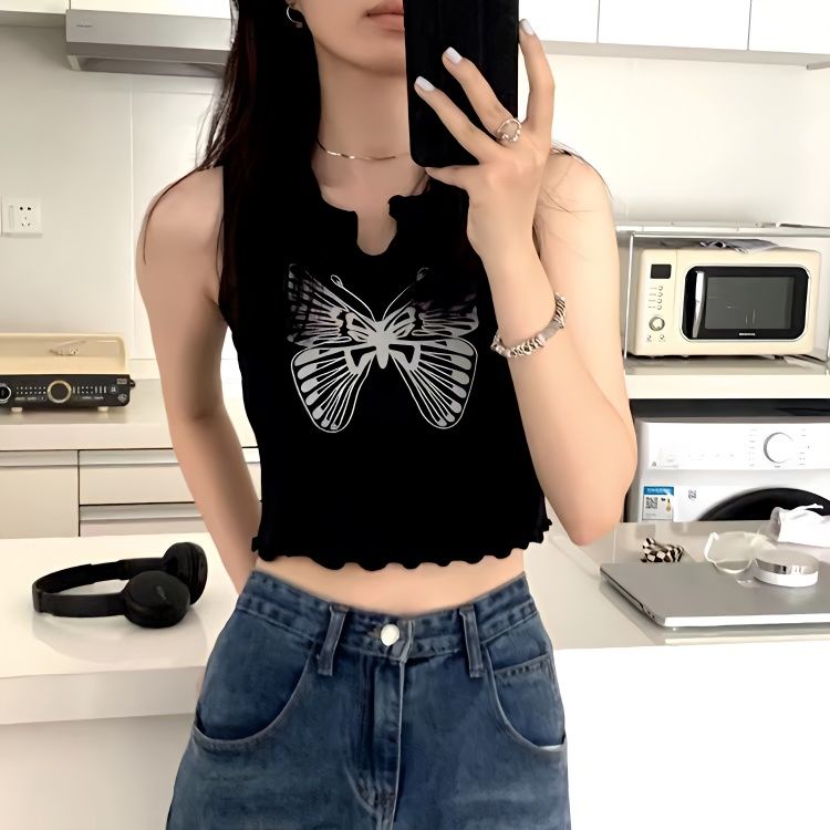 Áo Hai Dây Dáng Ngắn Họa Tiết Bướm Màu Đen Phong Cách Retro Mỹ Thời Trang Mùa Hè Xinh Xắn