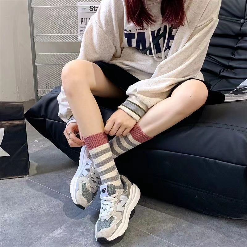 Hàng Bán Chạy Vớ Ống Chân Hai Lớp Dày Họa Tiết Kẻ Sọc Phong Cách Preppy Nhật Bản Dễ Phối Đồ Mùa Hè