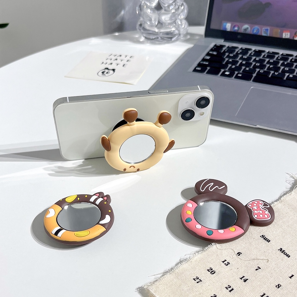 Hoạt Hình Disney Tròn Donut Họa Tiết Trang Điểm Gương Giá Đỡ Điện Thoại Hàn Quốc Đứng Nhẫn Cho Samsung Mobilephone