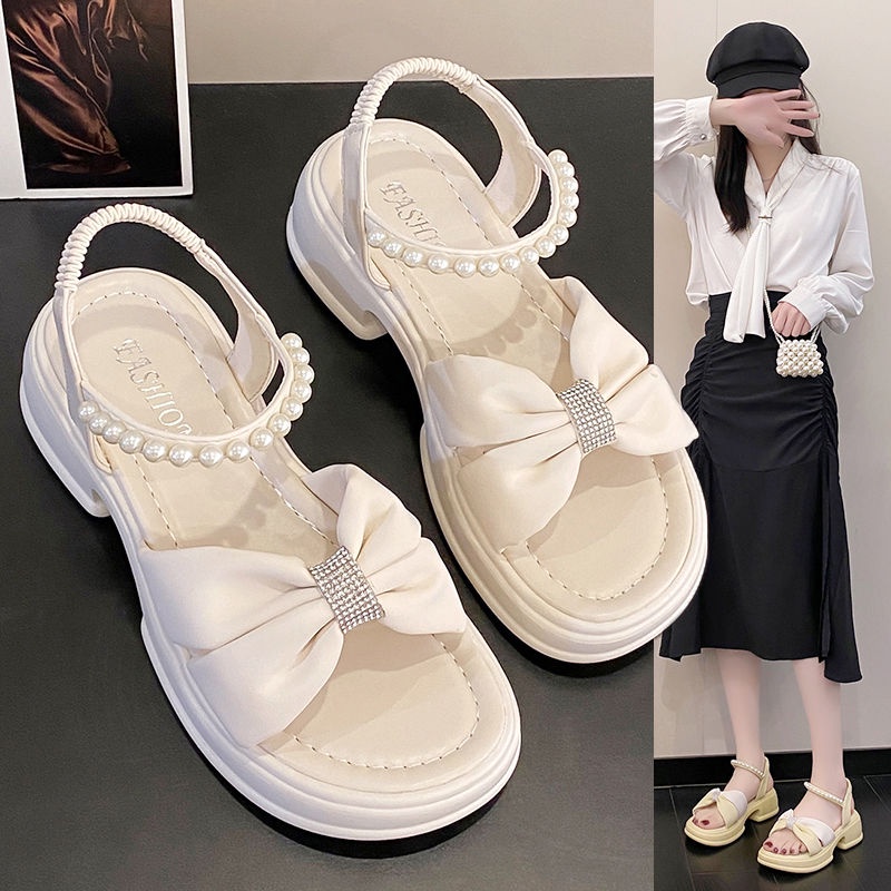 Xăng đan Đế Mềm Dày Quai Đính Ngọc Trai Thời Trang Mùa Hè 2023