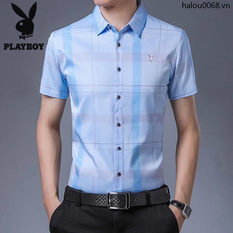 Áo Sơ Mi Playboy Tay Ngắn Vải Lụa Lạnh Kẻ Sọc Ca Rô Cá Tính Cho Nam