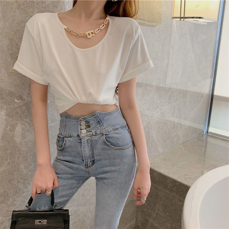 Áo Thun Tay Ngắn Dáng Rộng Phối Dây Xích Kim Loại Thời Trang Mùa Hè Kiểu Mới Cho Nữ