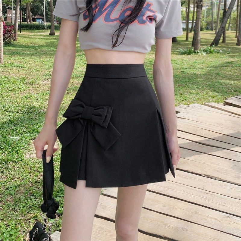 Khuyến Mãi Phong Cách Mới ~ Chân Váy Culottes Ngắn Màu Xám Đính Nơ Dành Cho Nữ Thiết Kế Niche Hot Girl
