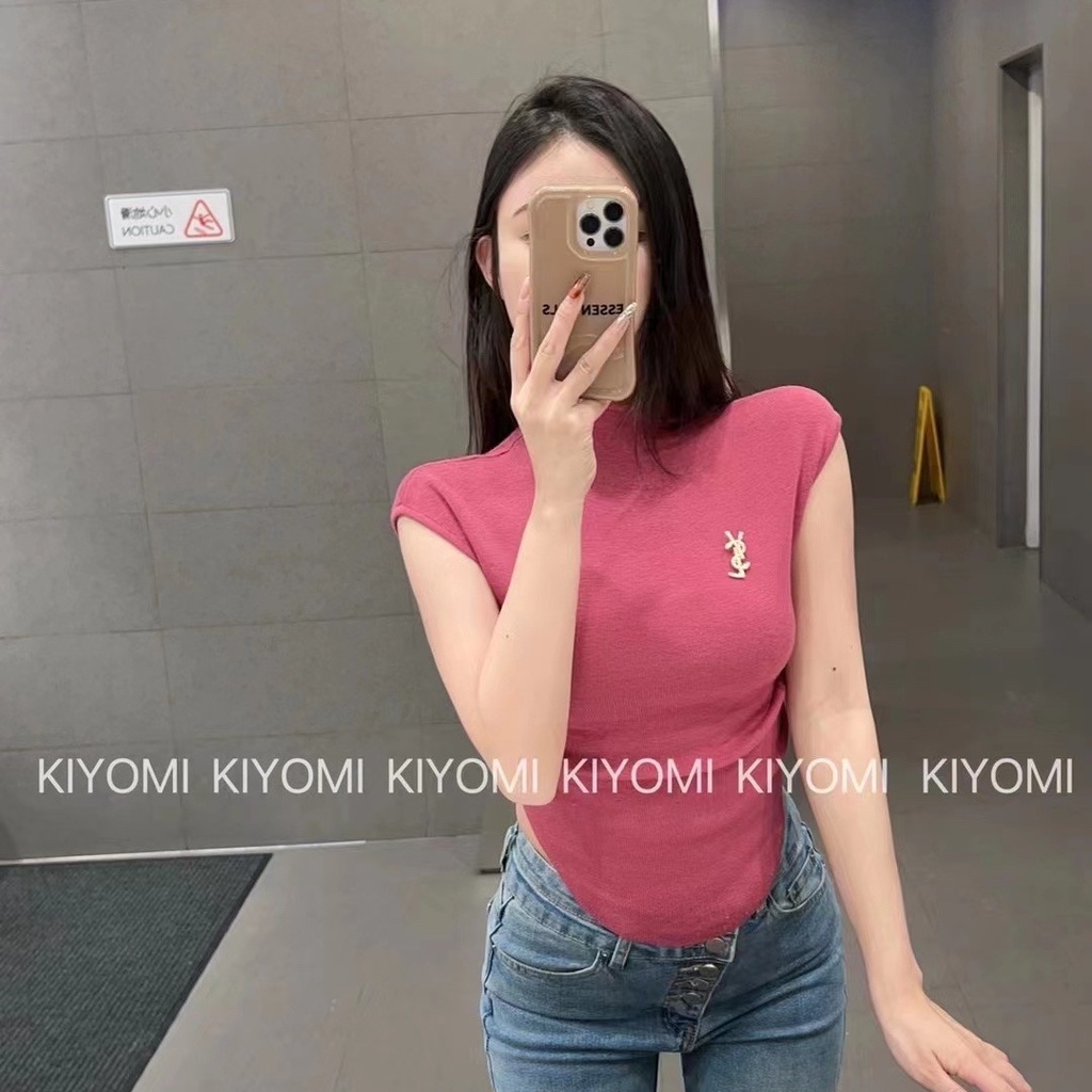 Áo Thun Dệt Kim Mỏng Tay Ngắn Cổ Cao Dáng Ôm Thời Trang Mùa Hè Cho Nữ