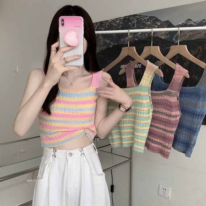 Áo Dệt Kim Hai Dây Cổ Vuông Họa Tiết Kẻ Sọc Nhiều Màu Sắc Thời Trang Mùa Hè Dành Cho Nữ