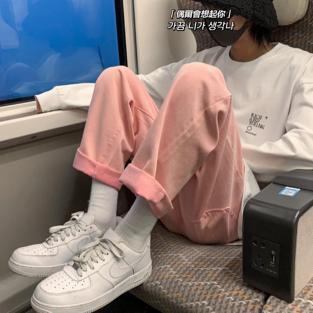 Quần Jean Hồng Lưng Cao Ống Rộng Phong Cách Harajuku Đường Phố Cho Nữ