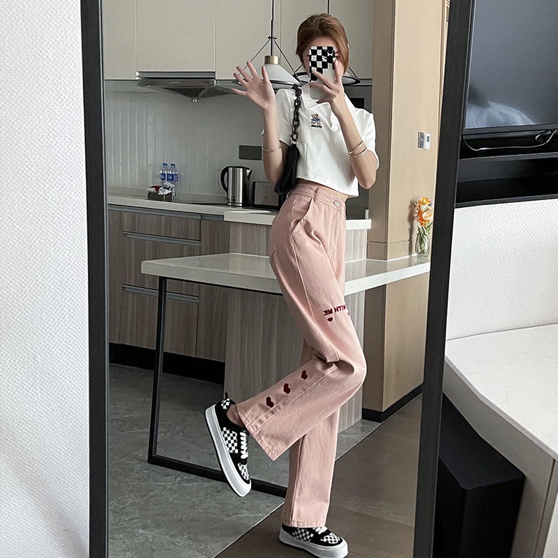 Quần Jean Dài Lưng Cao Ống Rộng Màu Hồng Thời Trang Mùa Xuân Mới Cho Nữ