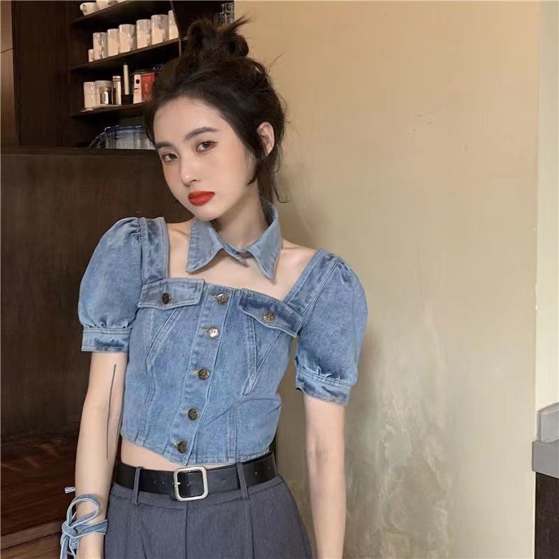 Áo Sơ Mi Denim Tay Ngắn Phồng Cổ Vuông Eo Cao Thời Trang Mùa Hè Dành Cho Nữ