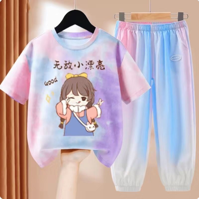 Bộ Áo Thun Tay Ngắn Và Quần Dài Bằng Lụa Mát Thời Trang Mùa Hè 2023 Dành Cho Bé Gái