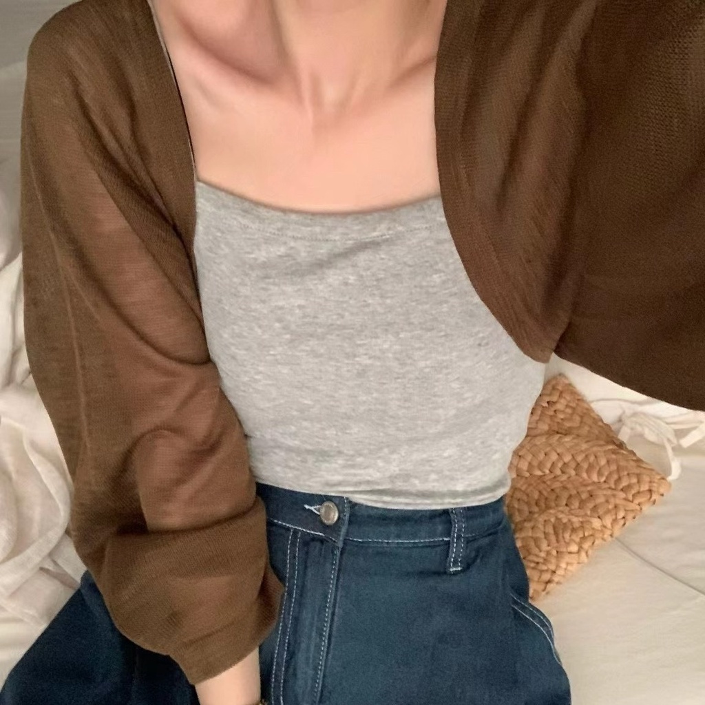 Áo Khoác Cardigan Dệt Kim Mỏng Chống Nắng Kèm Đầm Hai Dây Thời Trang Mùa Hè Cho Nữ