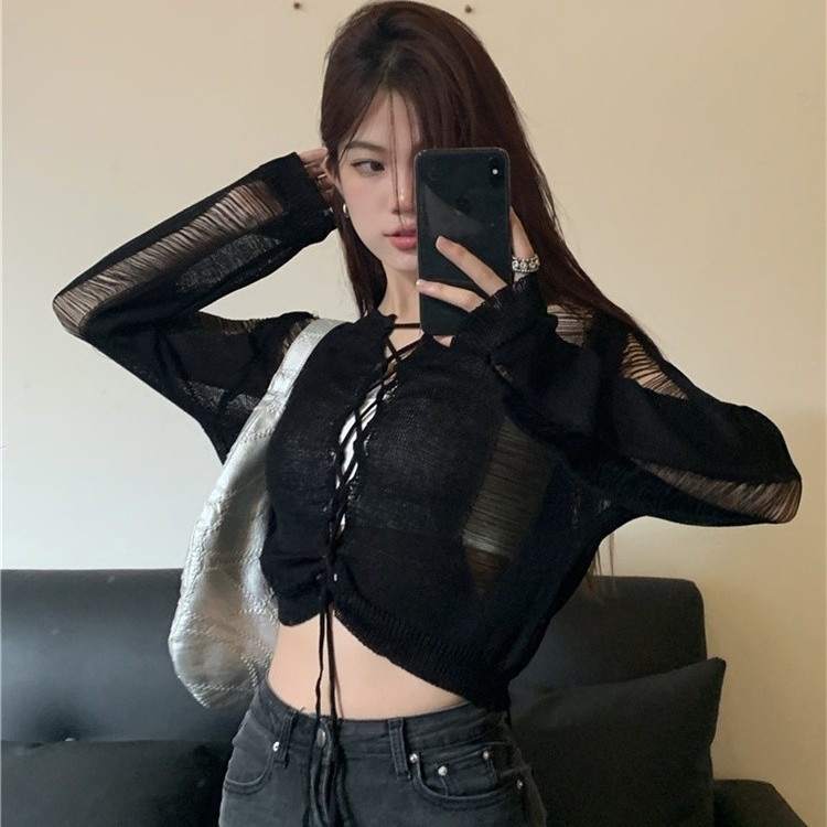 Áo Dệt Kim Chống Nắng Mỏng Buộc Dây Phong Cách Xuân Thu Mới 2023 Cho Nữ