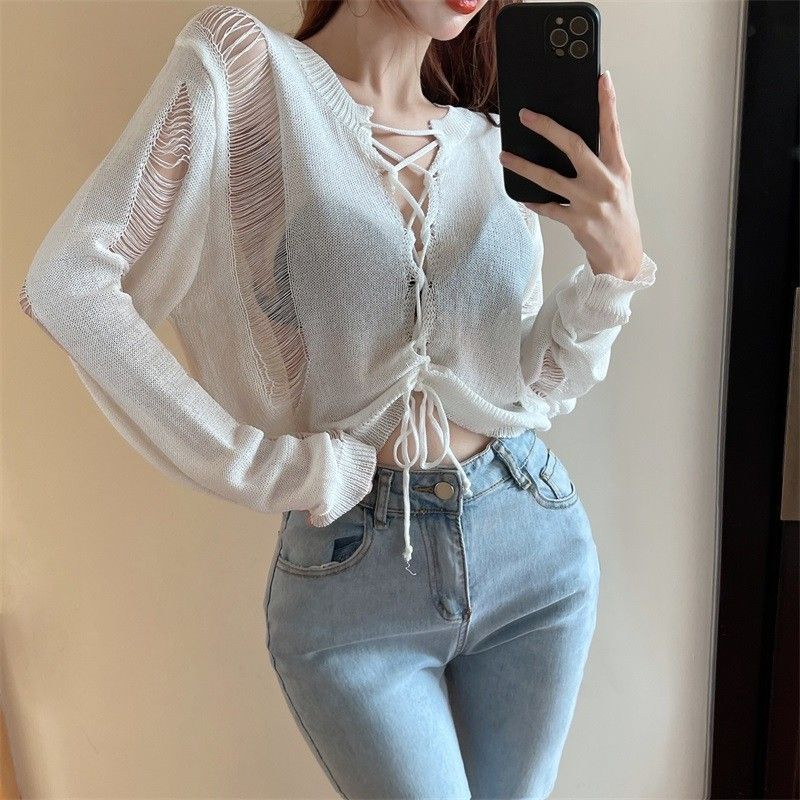 Áo Dệt Kim Chống Nắng Mỏng Buộc Dây Phong Cách Xuân Thu Mới 2023 Cho Nữ
