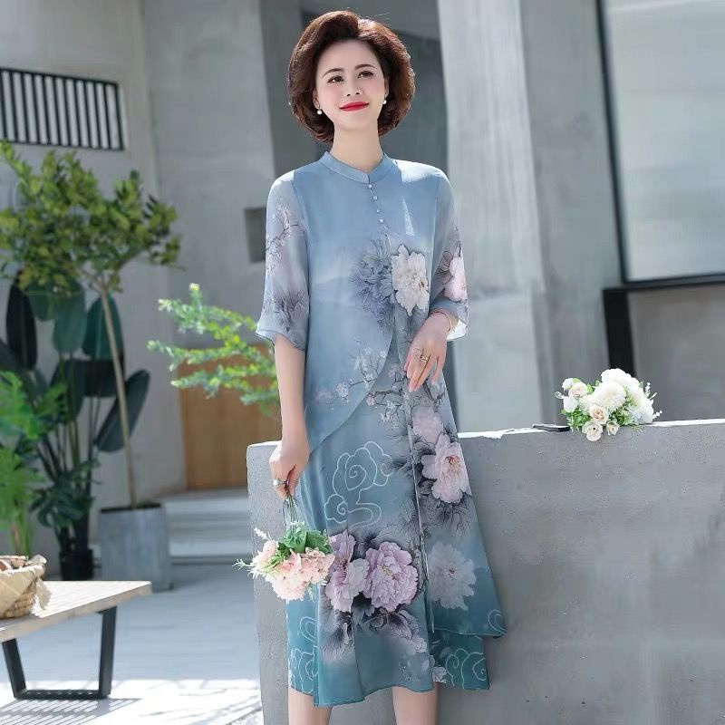 XL-5XL Váy Liền Voan In Hoa Váy Liền Trung Niên Kiểu Tây Dáng Dài Quá Đầu Gối