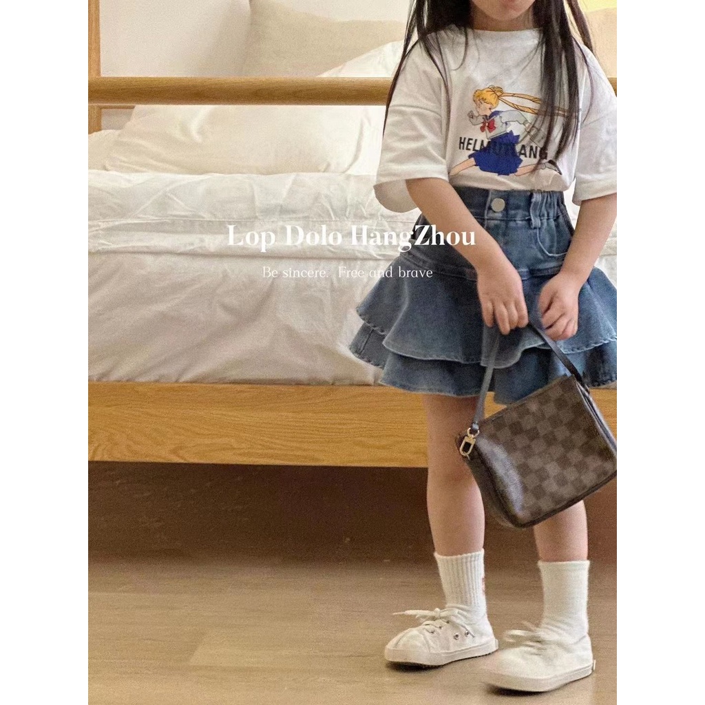 Váy Yếm denim Lửng In Hình Hoạt Hình Thời Trang Mùa Hè Dành Cho Bé Gái