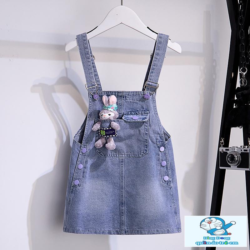Đầm Yếm denim Tay Ngắn In Hoạt Hình Thời Trang Mùa Hè 2023 Cho Bé Gái