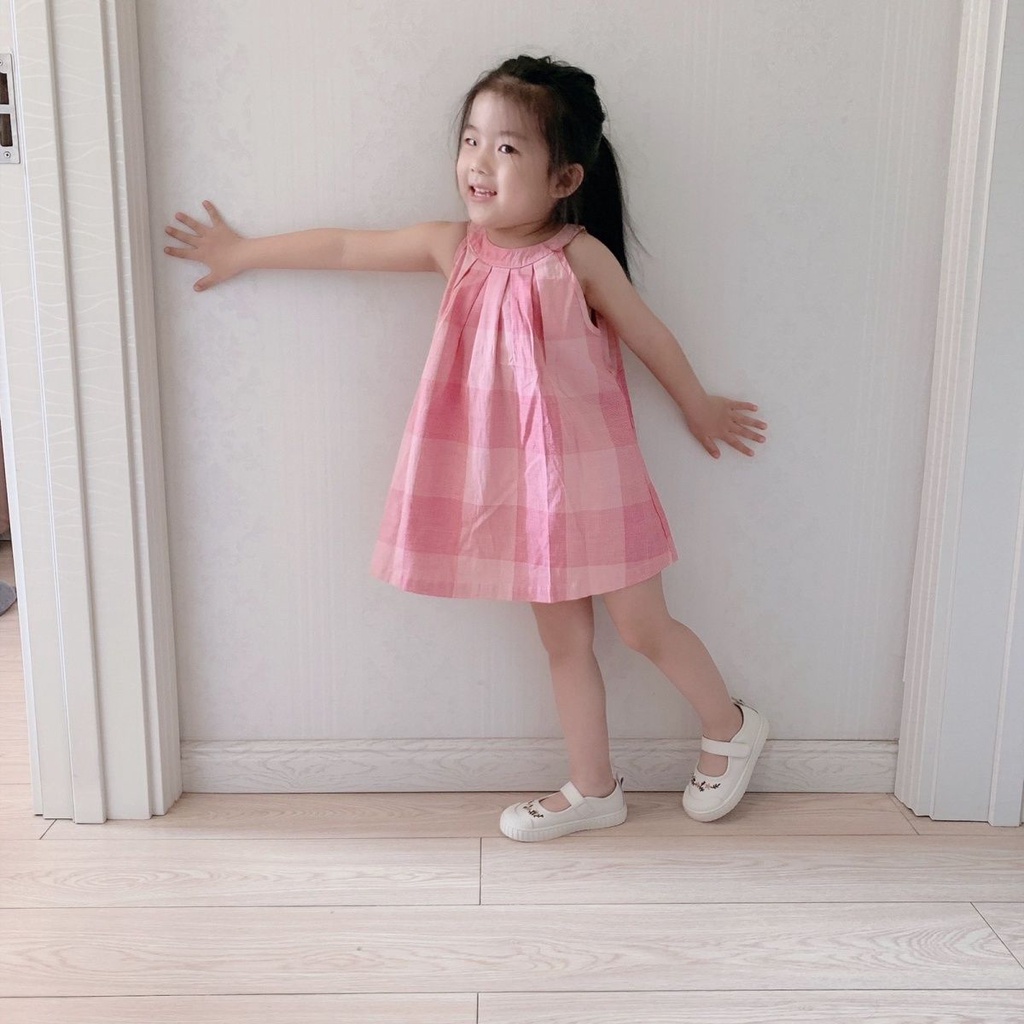 Đầm Sát Nách Kẻ Sọc Caro Xinh Xắn Thời Trang Hè Cho Bé Gái Phong Cách Hàn Quốc