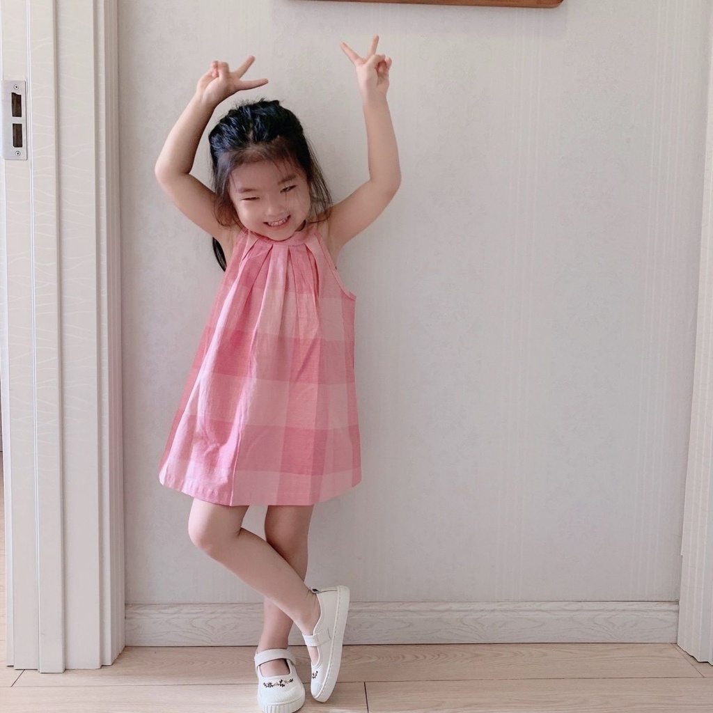 Đầm Sát Nách Kẻ Sọc Caro Xinh Xắn Thời Trang Hè Cho Bé Gái Phong Cách Hàn Quốc