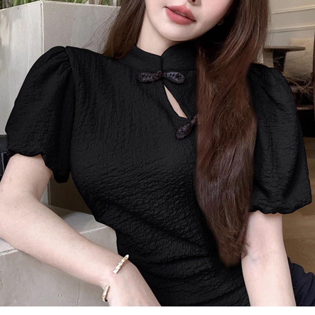 Mới Áo Kiểu Sườn Xám Cách Tân Tay Phồng Ngắn Phối Nút Phong Cách Trung Hoa