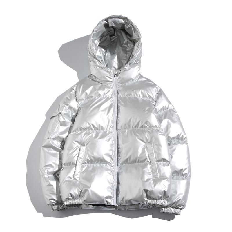 Áo Khoác Phao Dày Dặn Có Đệm Màu Bạc Sáng Bóng  Kích Thước Lớn Phong Cách Kungishou godi Mùa Đông Có Mũ Trùm Đầu Cho Nam