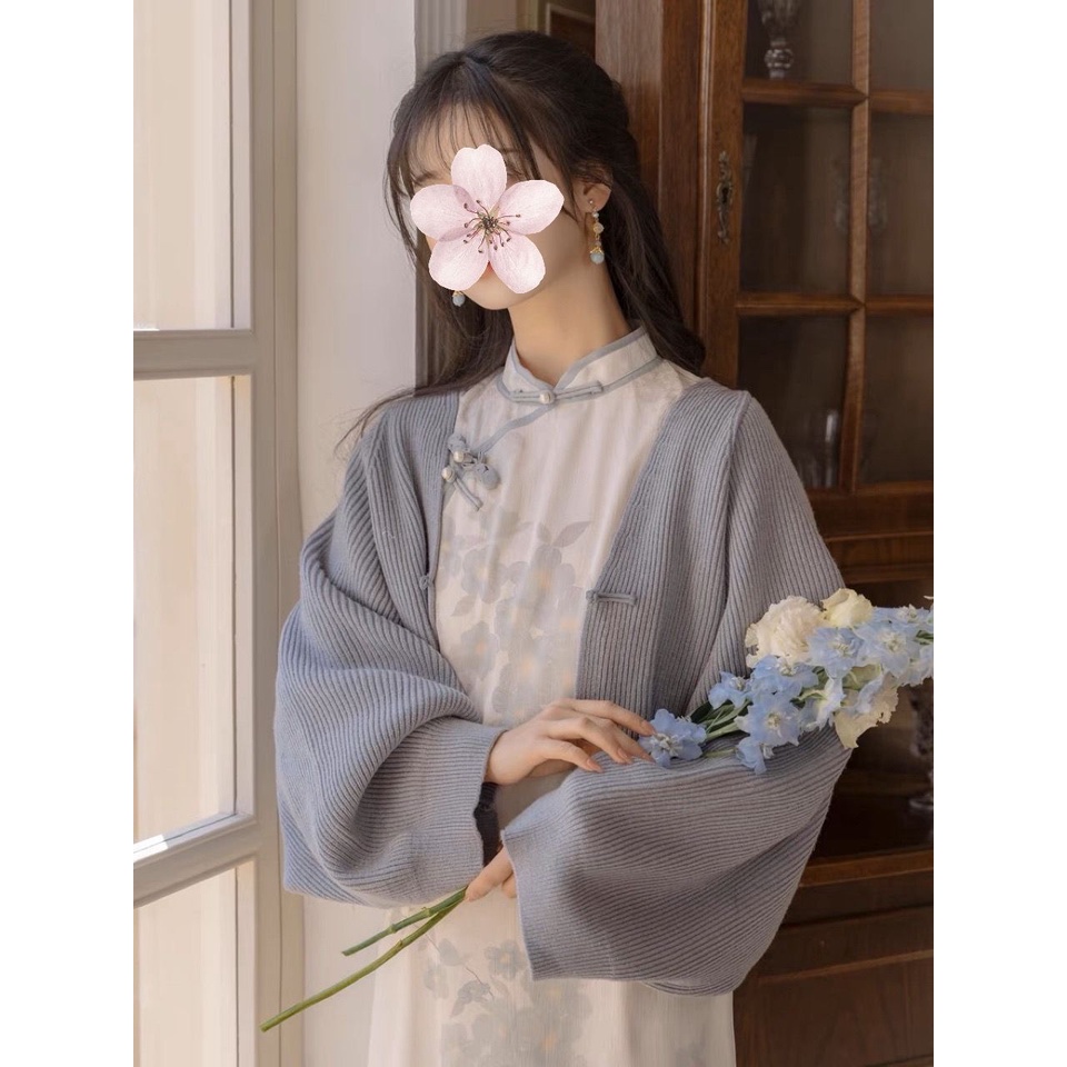 Đầm Sườn Xám Cách Tân Kèm Áo Choàng cardigan Dệt Kim Tay Dài Cổ Chữ v Kiểu Trung Hoa