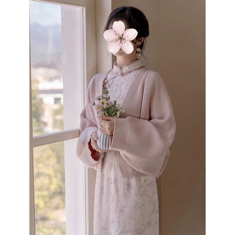 Đầm Sườn Xám Cách Tân Kèm Áo Choàng cardigan Dệt Kim Tay Dài Cổ Chữ v Kiểu Trung Hoa