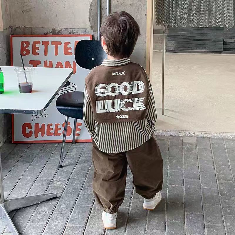 Set Áo Sơ Mi Tay Dài Kẻ Sọc + Quần Dài Phong Cách Mới Mùa Thu 2023 Cho Bé Trai