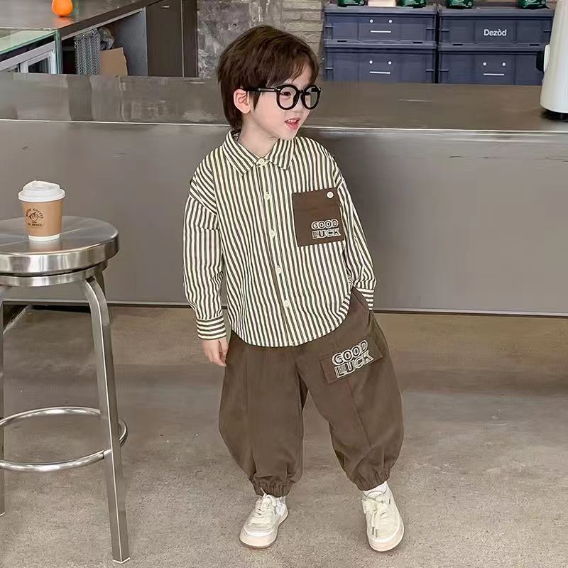 Set Áo Sơ Mi Tay Dài Kẻ Sọc + Quần Dài Phong Cách Mới Mùa Thu 2023 Cho Bé Trai