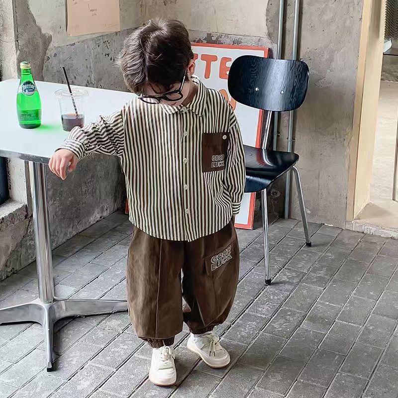 Set Áo Sơ Mi Tay Dài Kẻ Sọc + Quần Dài Phong Cách Mới Mùa Thu 2023 Cho Bé Trai