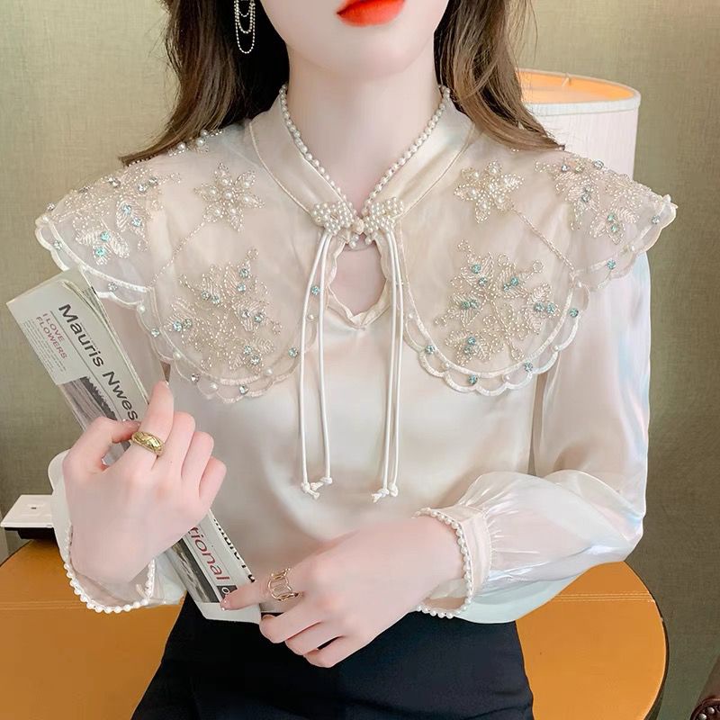 Áo chiffon satin tay dài đính hạt ba chiều thêu họa tiết sang trọng nhẹ nhàng dành cho bạn nữ