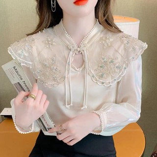 Áo chiffon satin tay dài đính hạt ba chiều thêu họa tiết sang trọng nhẹ nhàng dành cho bạn nữ