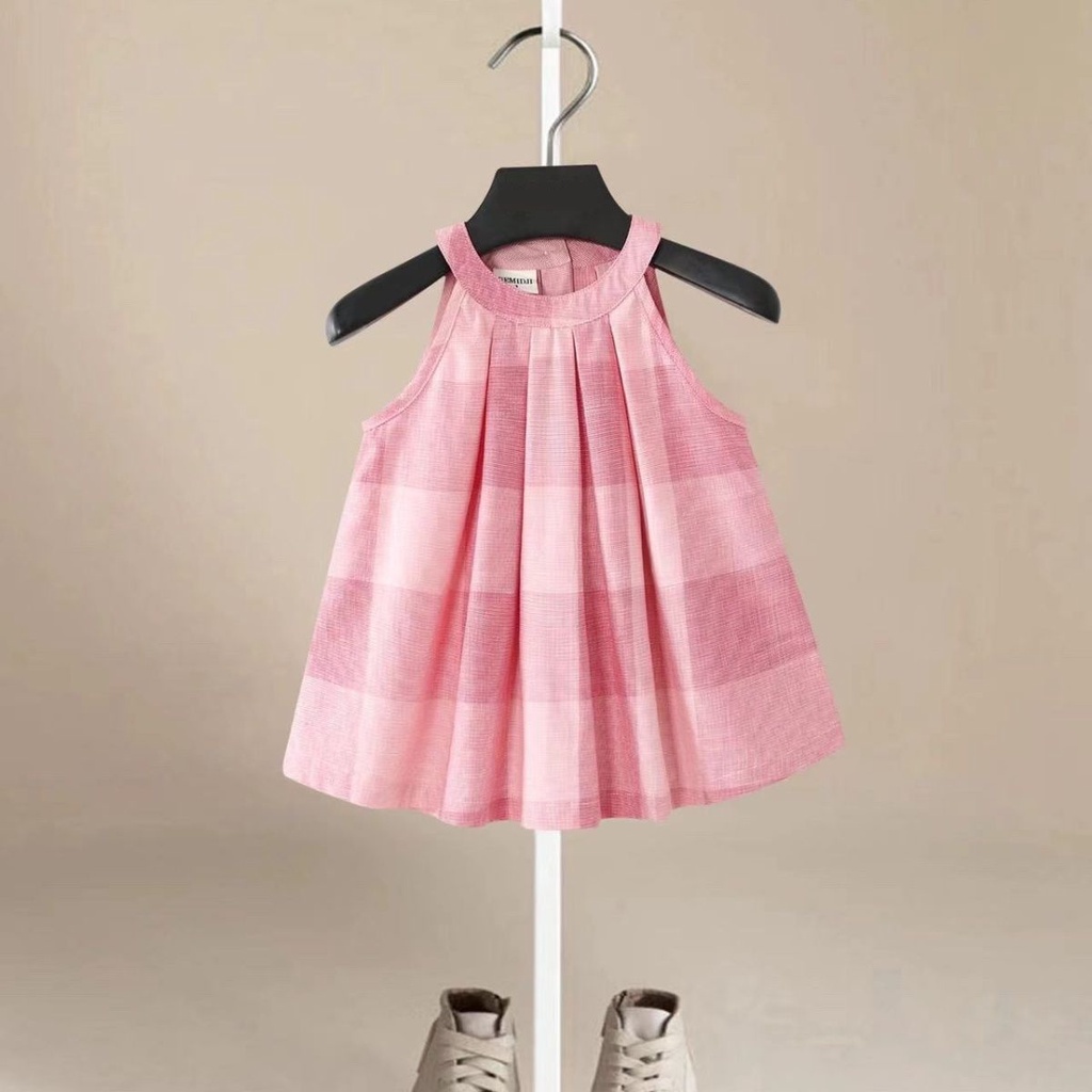 Đầm Sát Nách Kẻ Sọc Caro Xinh Xắn Thời Trang Hè Cho Bé Gái Phong Cách Hàn Quốc