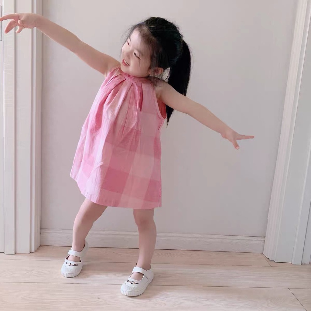 Đầm Sát Nách Kẻ Sọc Caro Xinh Xắn Thời Trang Hè Cho Bé Gái Phong Cách Hàn Quốc