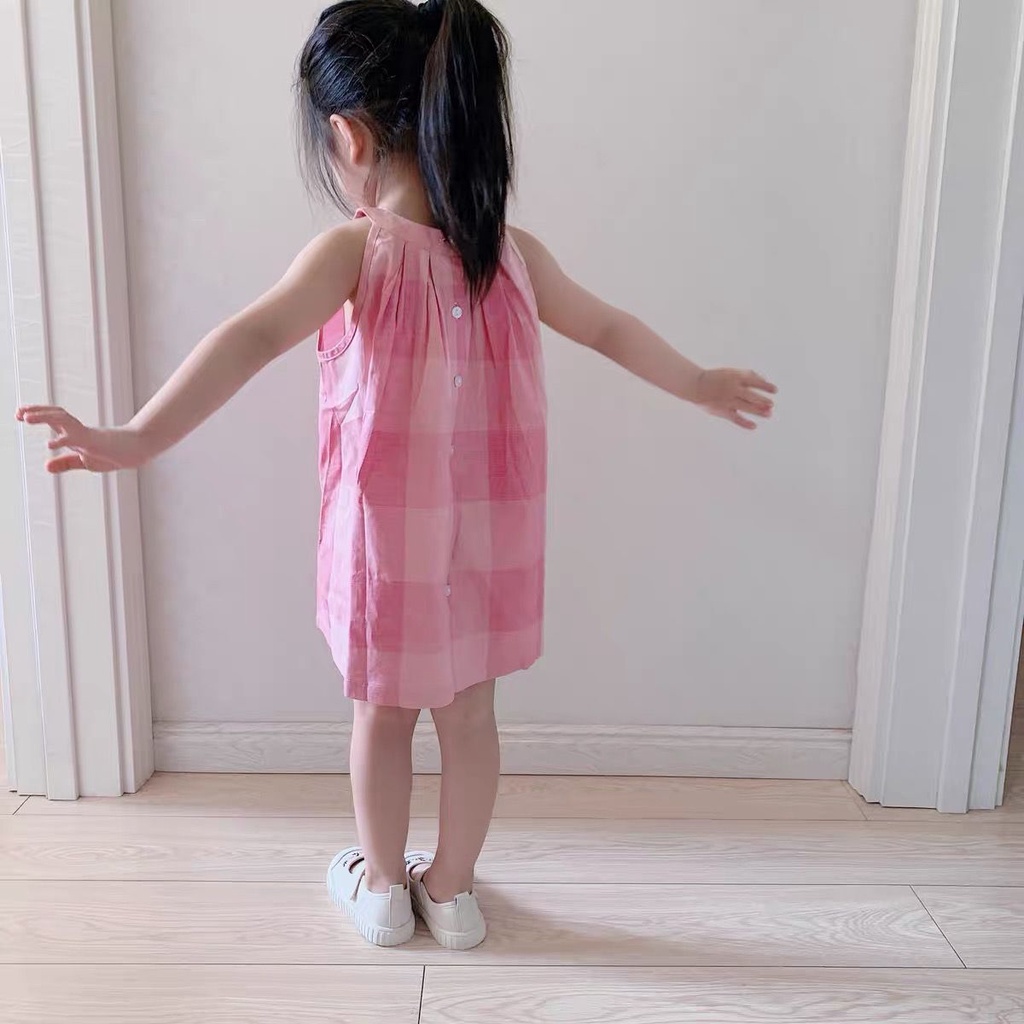 Đầm Sát Nách Kẻ Sọc Caro Xinh Xắn Thời Trang Hè Cho Bé Gái Phong Cách Hàn Quốc