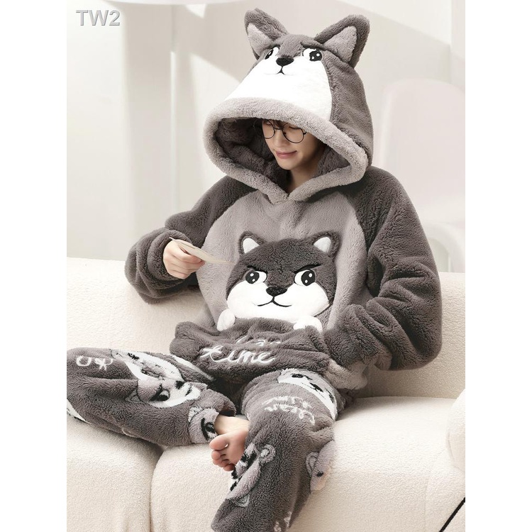 Bộ Đồ Ngủ Lông Cừu San Hô Dày Dặn In Hoạt Hình Thời Trang Thu Đông Cho Nam